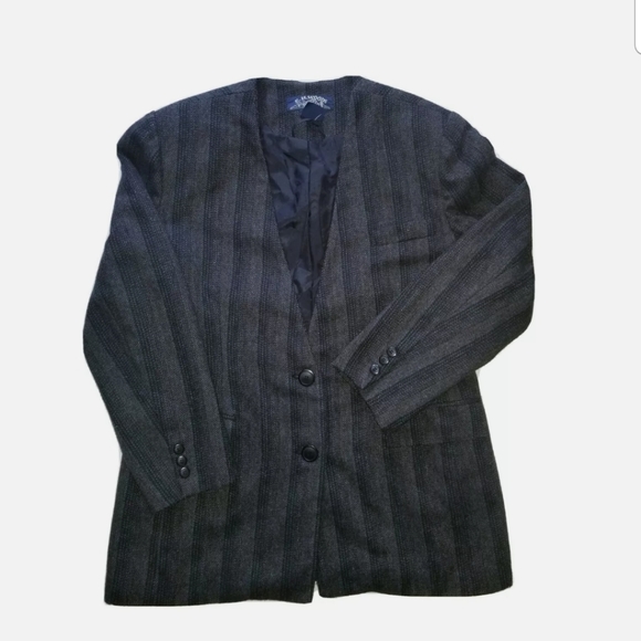 E.H. Woods Sz 14 Striped V Neck Wool Blend Gray Tweed Blazer Jacket - Picture 2 of 5